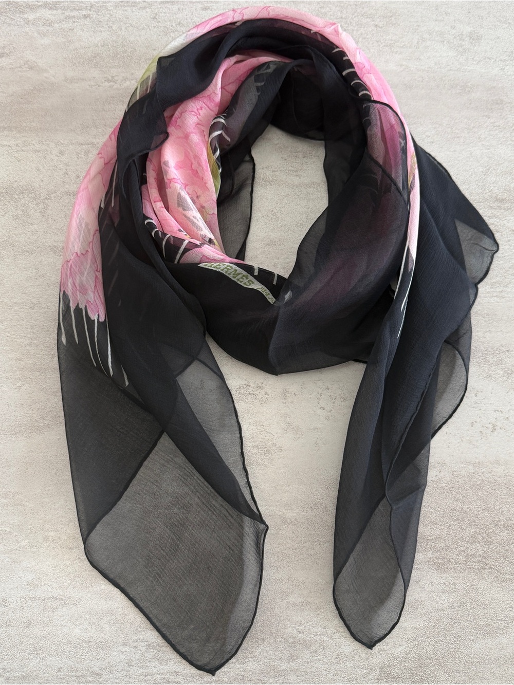 Hermes Pink Floral Silk Scarf with Black Border and Green Leaves